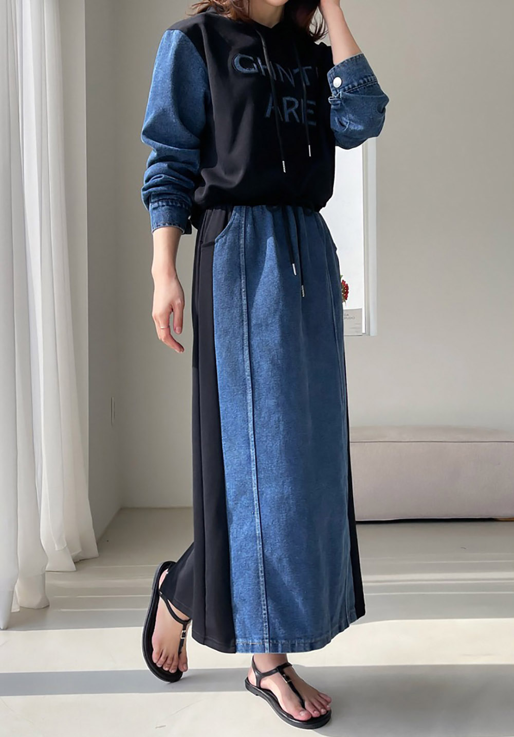 牛仔拼接設計長裙套裝,KOREA,358699,牛仔拼接設計長裙套裝,周新品優惠,NEWARRIVAL