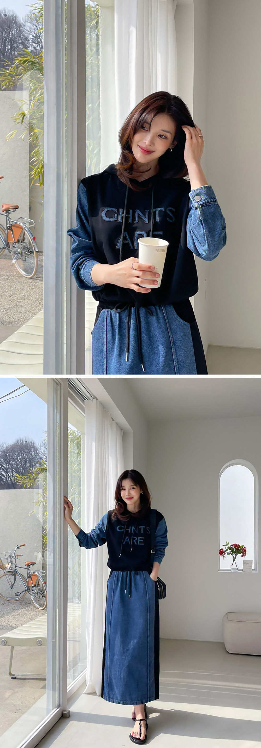 牛仔拼接設計長裙套裝,KOREA,358699,牛仔拼接設計長裙套裝,周新品優惠,NEWARRIVAL