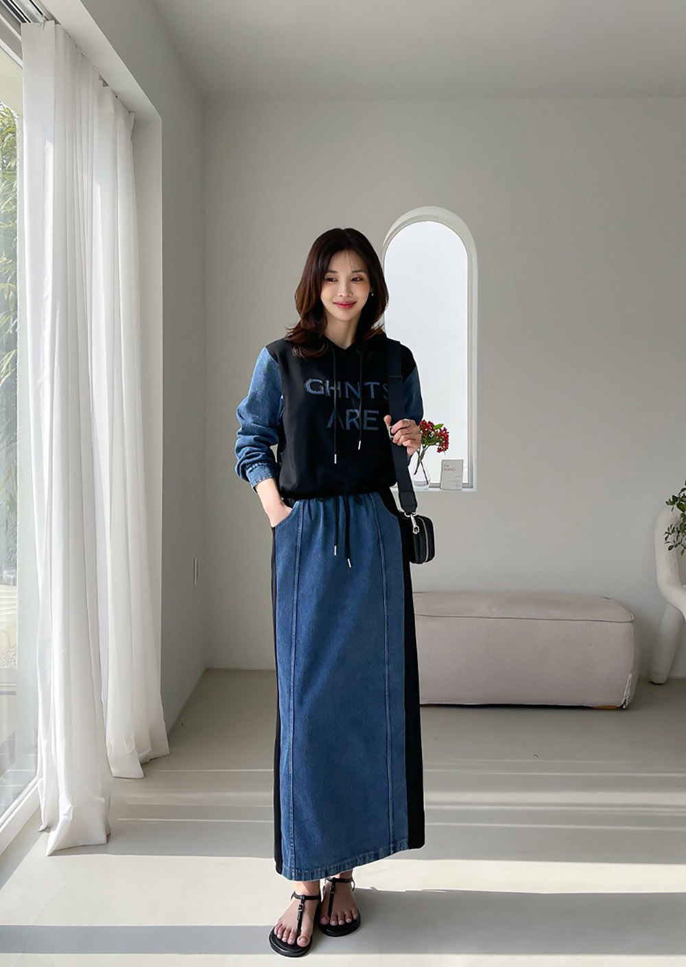 牛仔拼接設計長裙套裝,KOREA,358699,牛仔拼接設計長裙套裝,周新品優惠,NEWARRIVAL