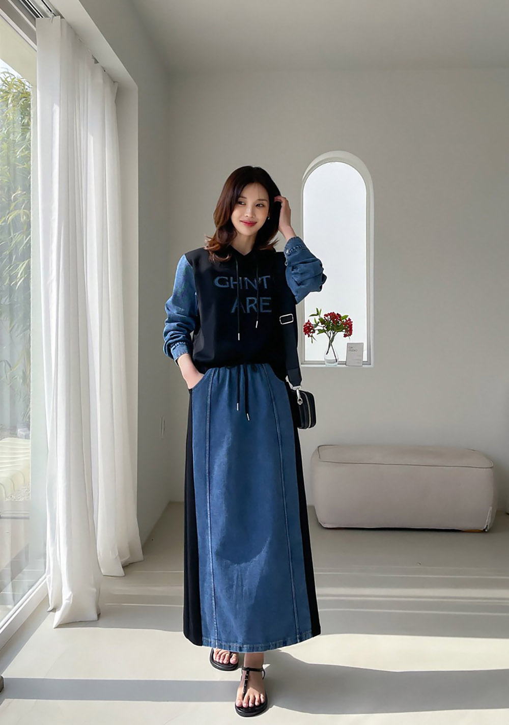 牛仔拼接設計長裙套裝,KOREA,358699,牛仔拼接設計長裙套裝,周新品優惠,NEWARRIVAL