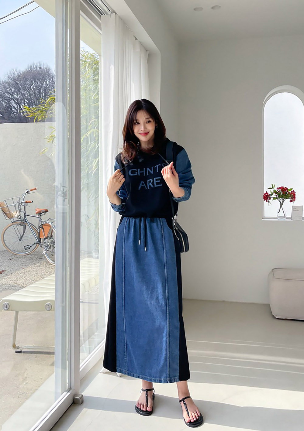 牛仔拼接設計長裙套裝,KOREA,358699,牛仔拼接設計長裙套裝,周新品優惠,NEWARRIVAL