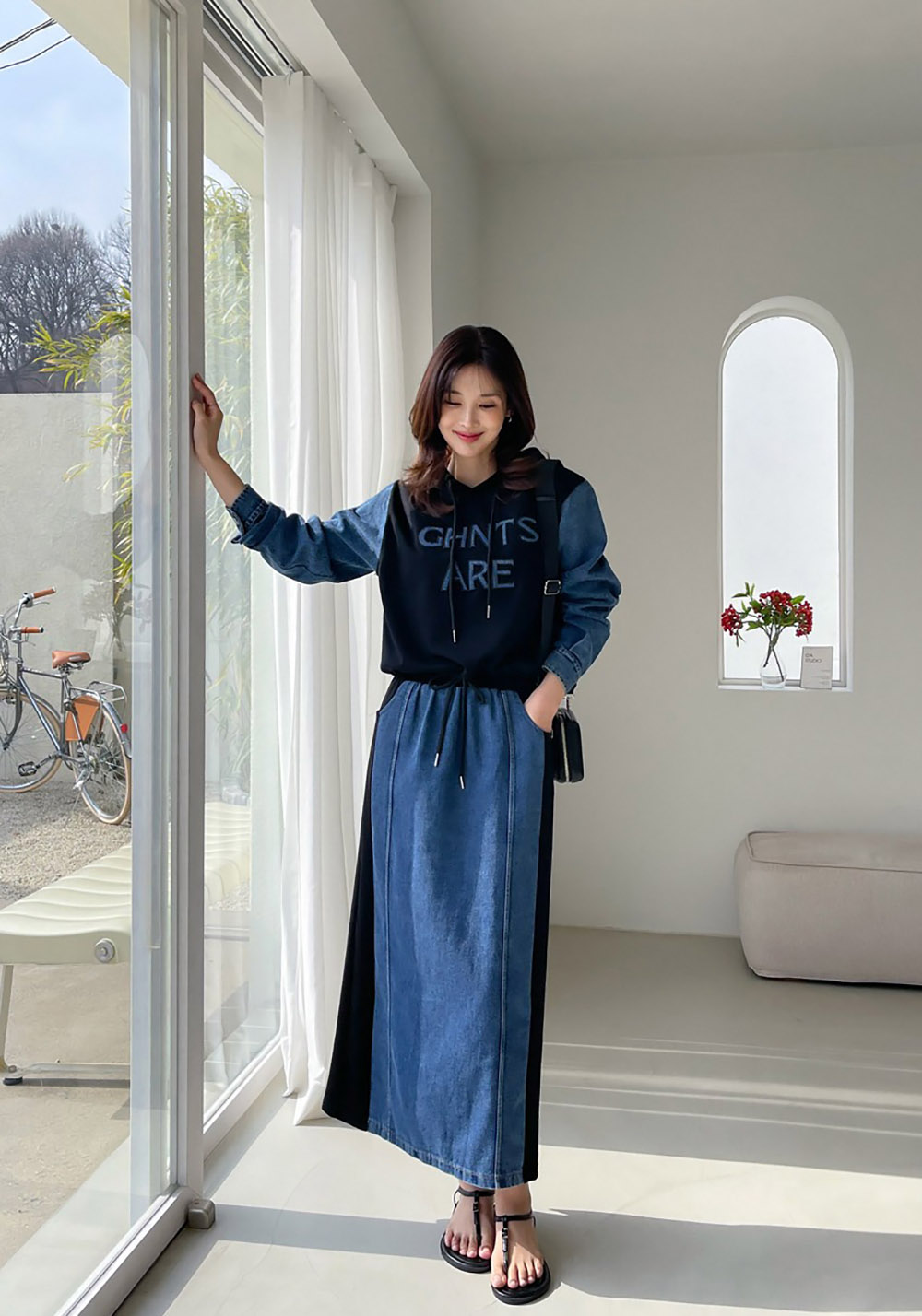 牛仔拼接設計長裙套裝,KOREA,358699,牛仔拼接設計長裙套裝,周新品優惠,NEWARRIVAL