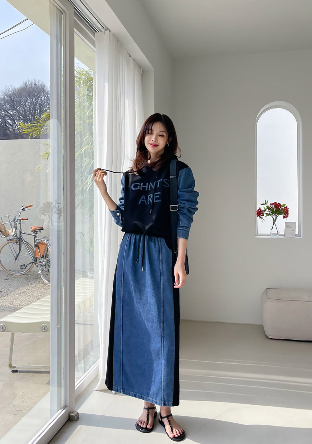 牛仔拼接設計長裙套裝,KOREA,358699,牛仔拼接設計長裙套裝,周新品優惠,NEWARRIVAL