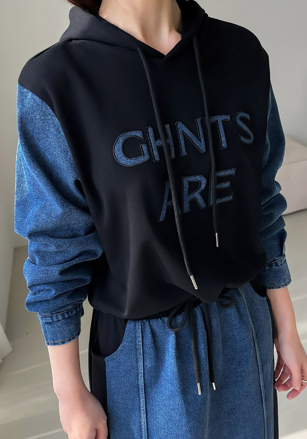 牛仔拼接設計長裙套裝,KOREA,358699,牛仔拼接設計長裙套裝,周新品優惠,NEWARRIVAL