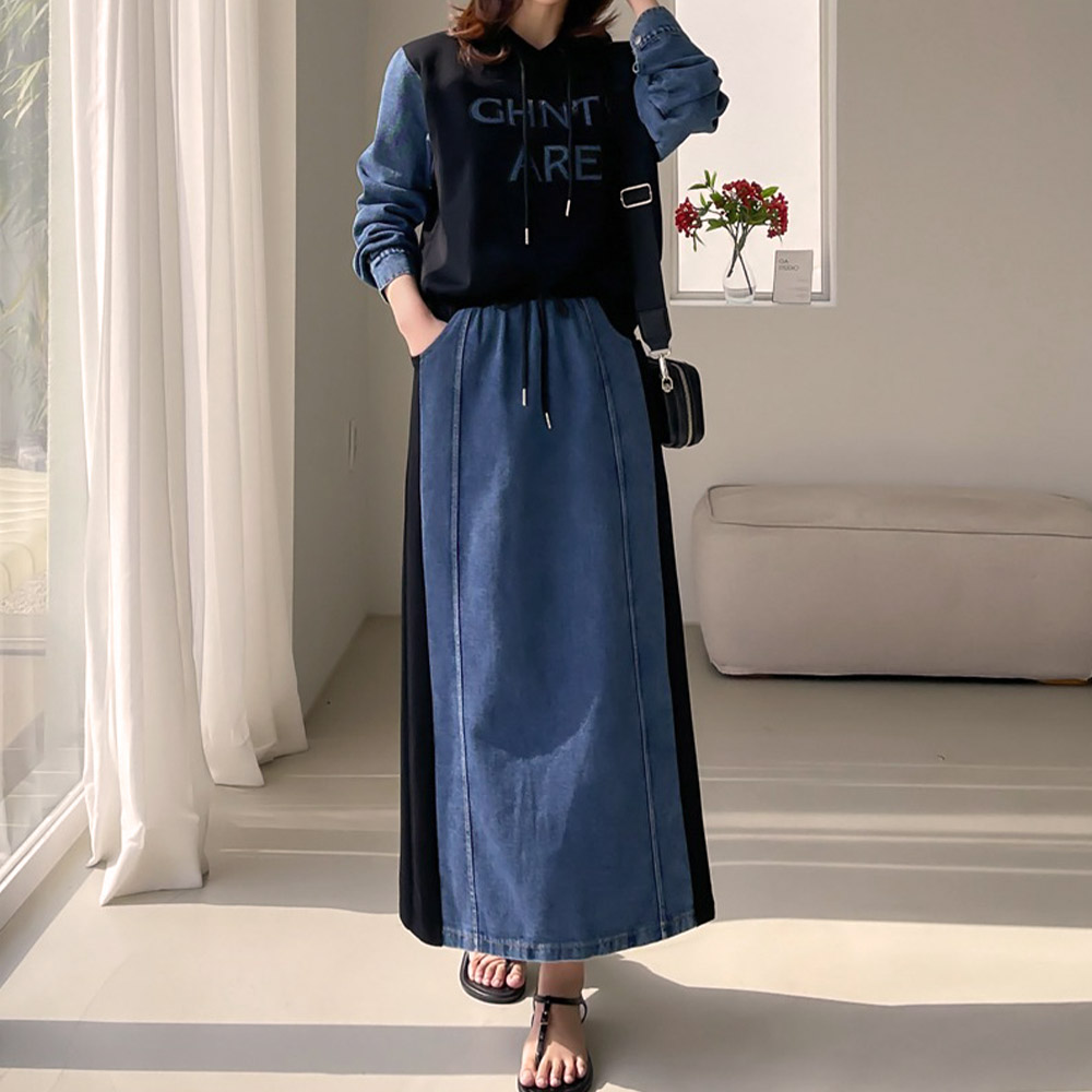 牛仔拼接設計長裙套裝