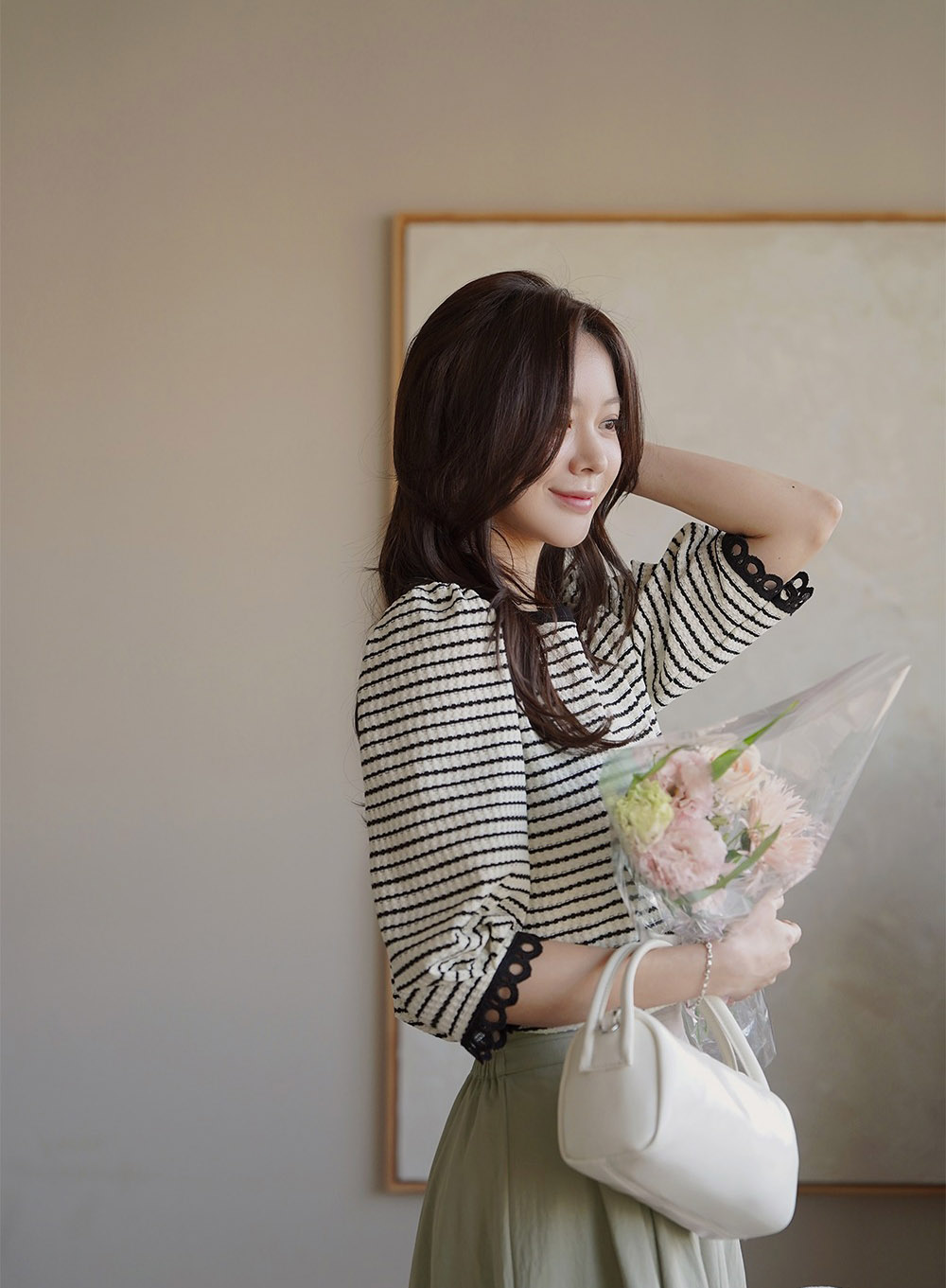 蕾絲袖口氣質條紋上衣,KOREA,358856,蕾絲袖口氣質條紋上衣,周新品優惠,NEWARRIVAL