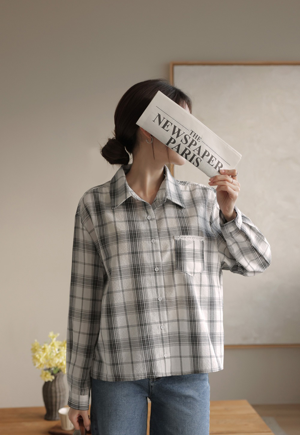 小蕾絲細節格紋襯衫,KOREA,359670,小蕾絲細節格紋襯衫,領500,999免運