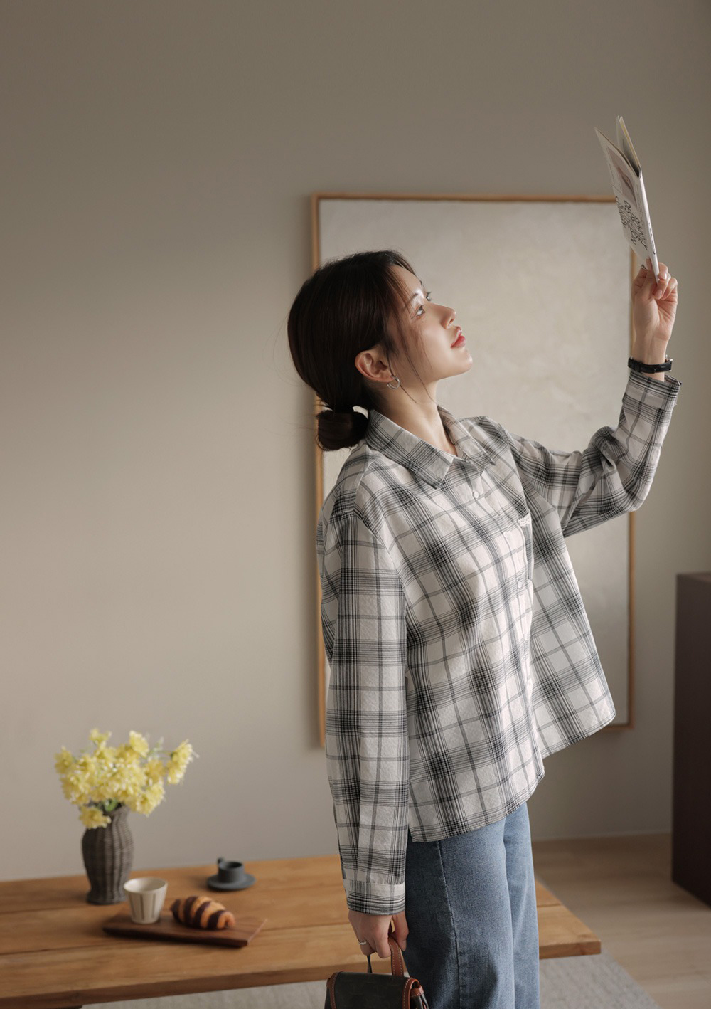 小蕾絲細節格紋襯衫,KOREA,359670,小蕾絲細節格紋襯衫,領500,999免運