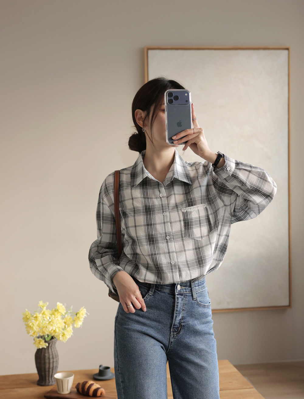 小蕾絲細節格紋襯衫,KOREA,359670,小蕾絲細節格紋襯衫,領500,999免運