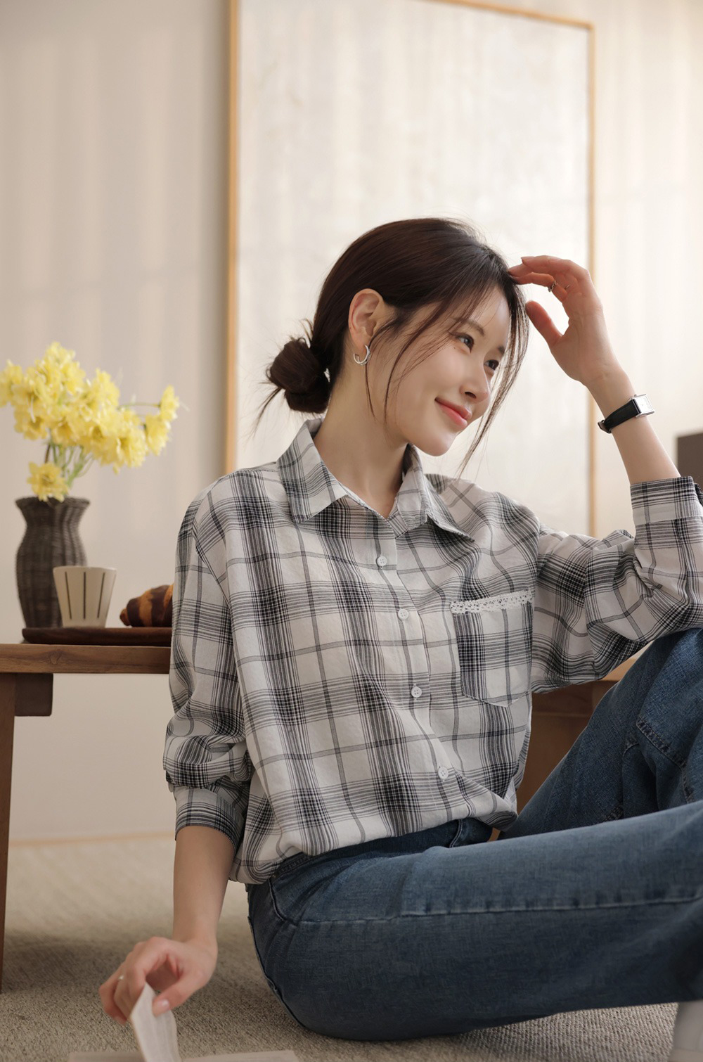 小蕾絲細節格紋襯衫,KOREA,359670,小蕾絲細節格紋襯衫,領500,999免運