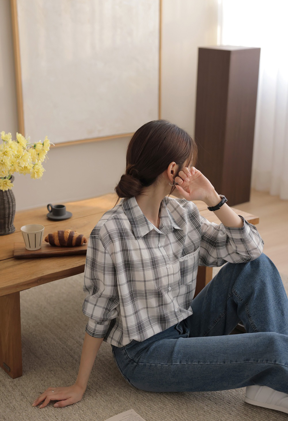 小蕾絲細節格紋襯衫,KOREA,359670,小蕾絲細節格紋襯衫,領500,999免運