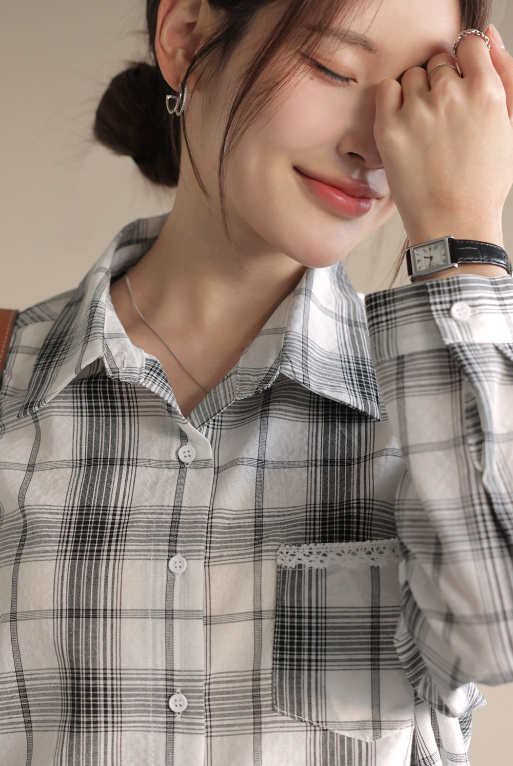 小蕾絲細節格紋襯衫,KOREA,359670,小蕾絲細節格紋襯衫,領500,999免運