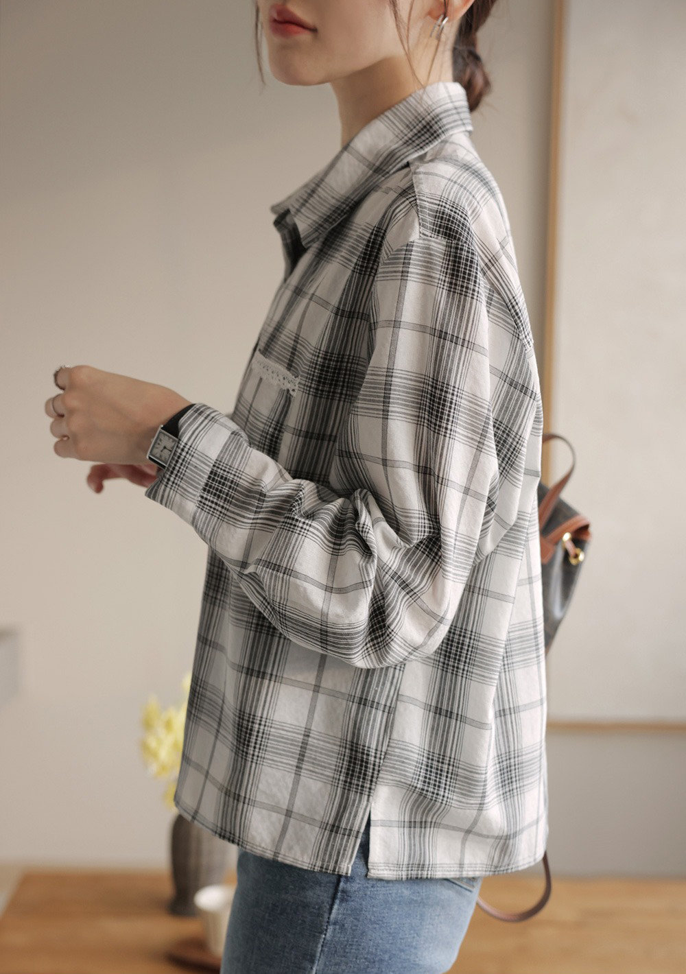 小蕾絲細節格紋襯衫,KOREA,359670,小蕾絲細節格紋襯衫,領500,999免運