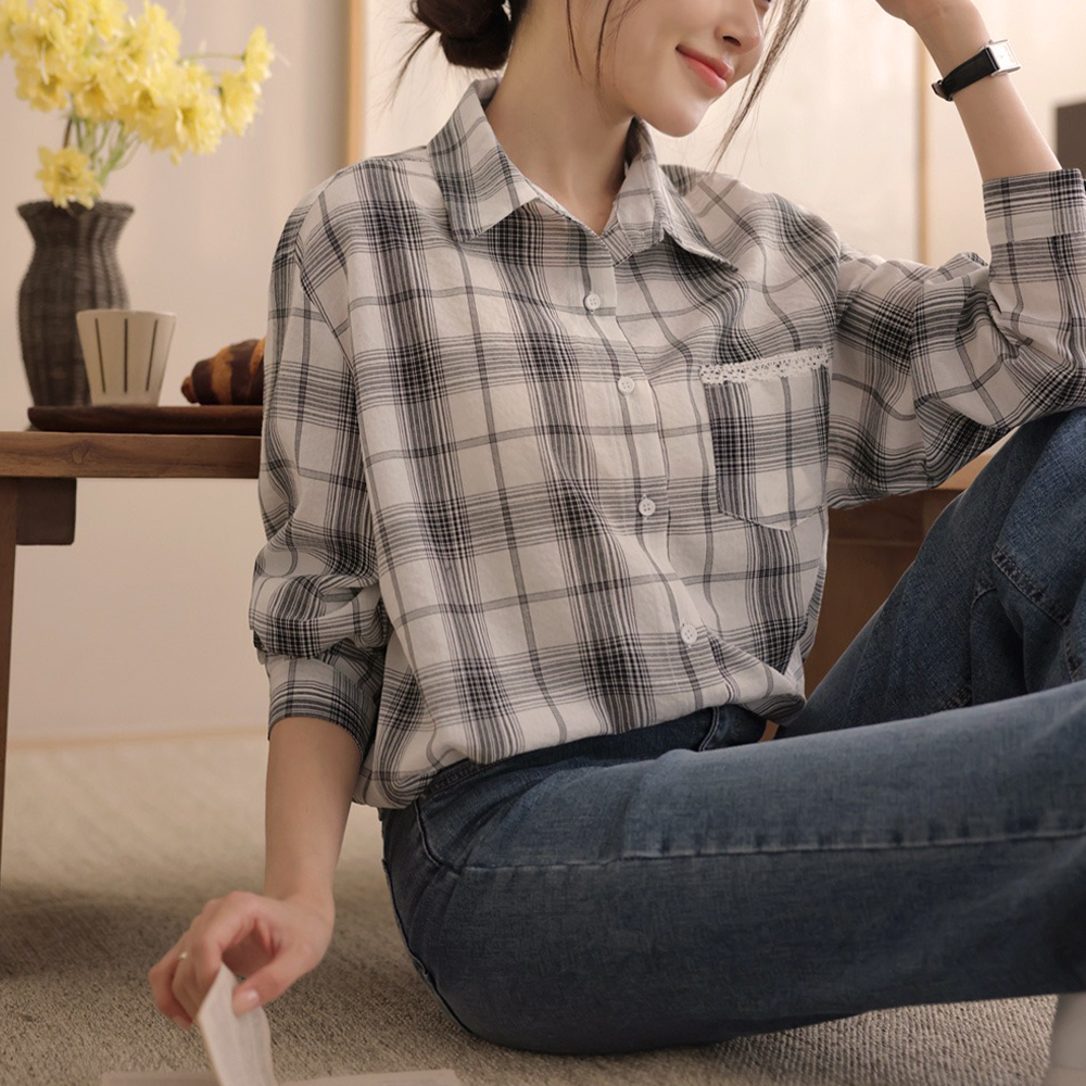 小蕾絲細節格紋襯衫