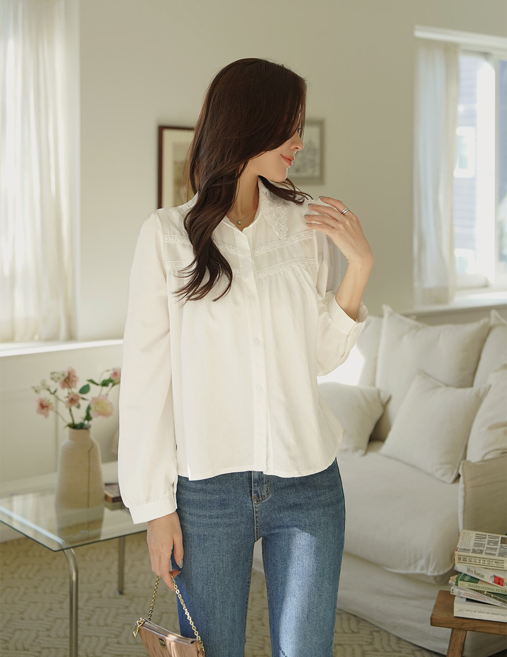 精緻刺繡蕾絲領襯衫,KOREA,359672,精緻刺繡蕾絲領襯衫,領500,999免運