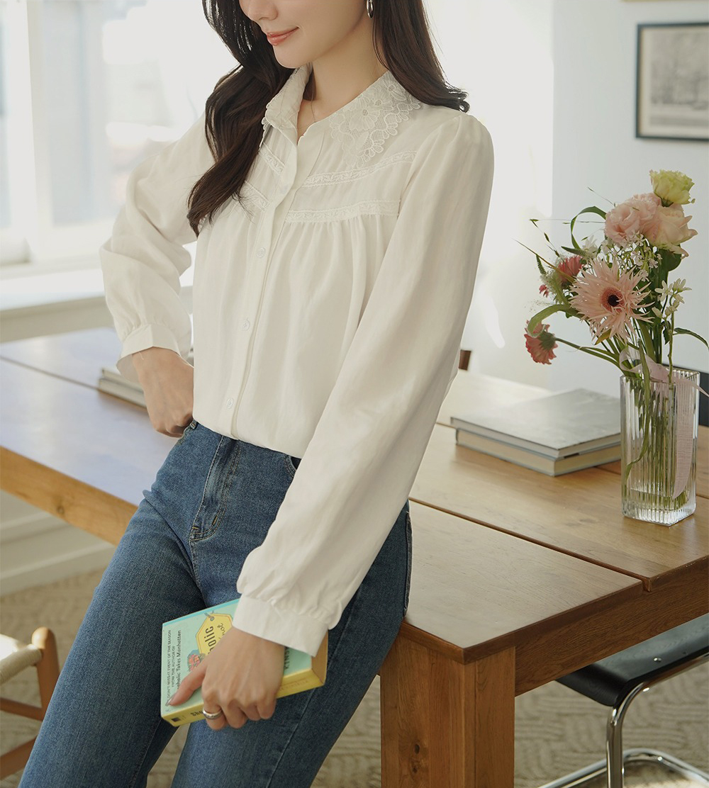 精緻刺繡蕾絲領襯衫,KOREA,359672,精緻刺繡蕾絲領襯衫,領500,999免運