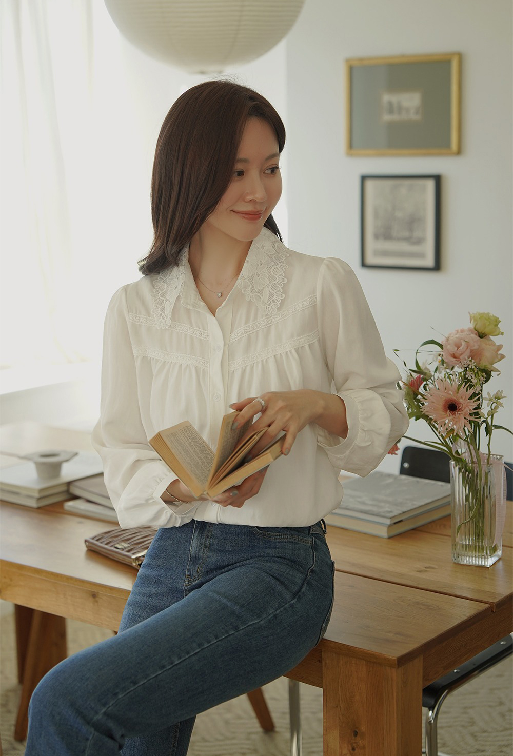 精緻刺繡蕾絲領襯衫,KOREA,359672,精緻刺繡蕾絲領襯衫,領500,999免運