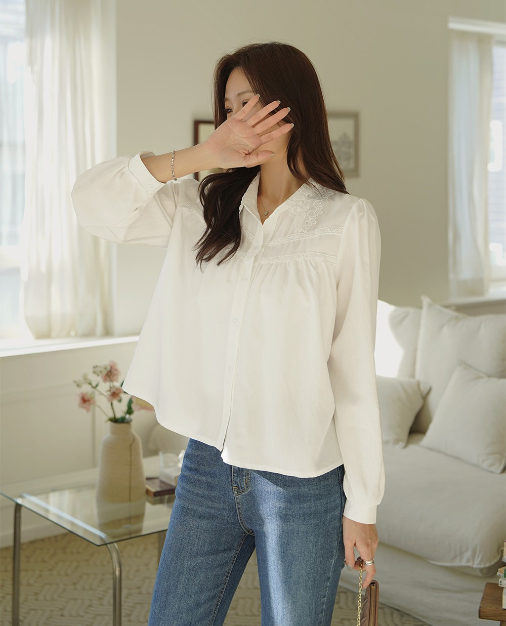 精緻刺繡蕾絲領襯衫,KOREA,359672,精緻刺繡蕾絲領襯衫,領500,999免運