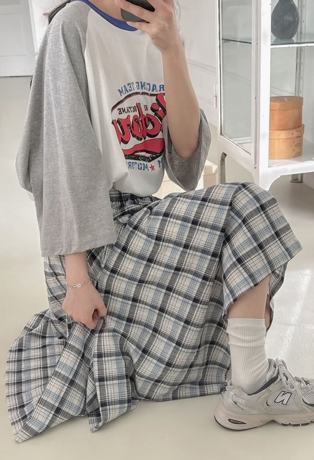 鬆緊腰不規則格紋長裙,KOREA,359843,鬆緊腰不規則格紋長裙,領500,999免運