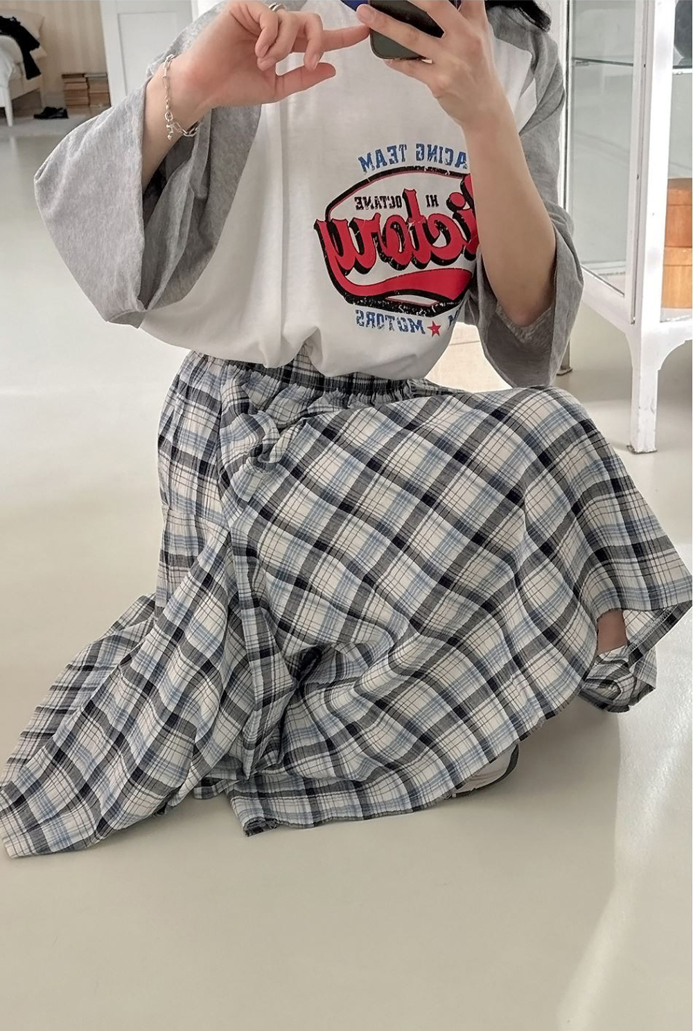 鬆緊腰不規則格紋長裙,KOREA,359843,鬆緊腰不規則格紋長裙,領500,999免運