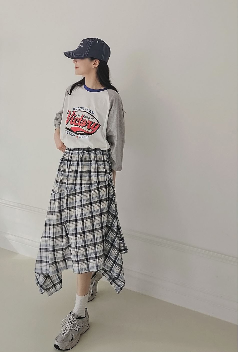 鬆緊腰不規則格紋長裙,KOREA,359843,鬆緊腰不規則格紋長裙,領500,999免運