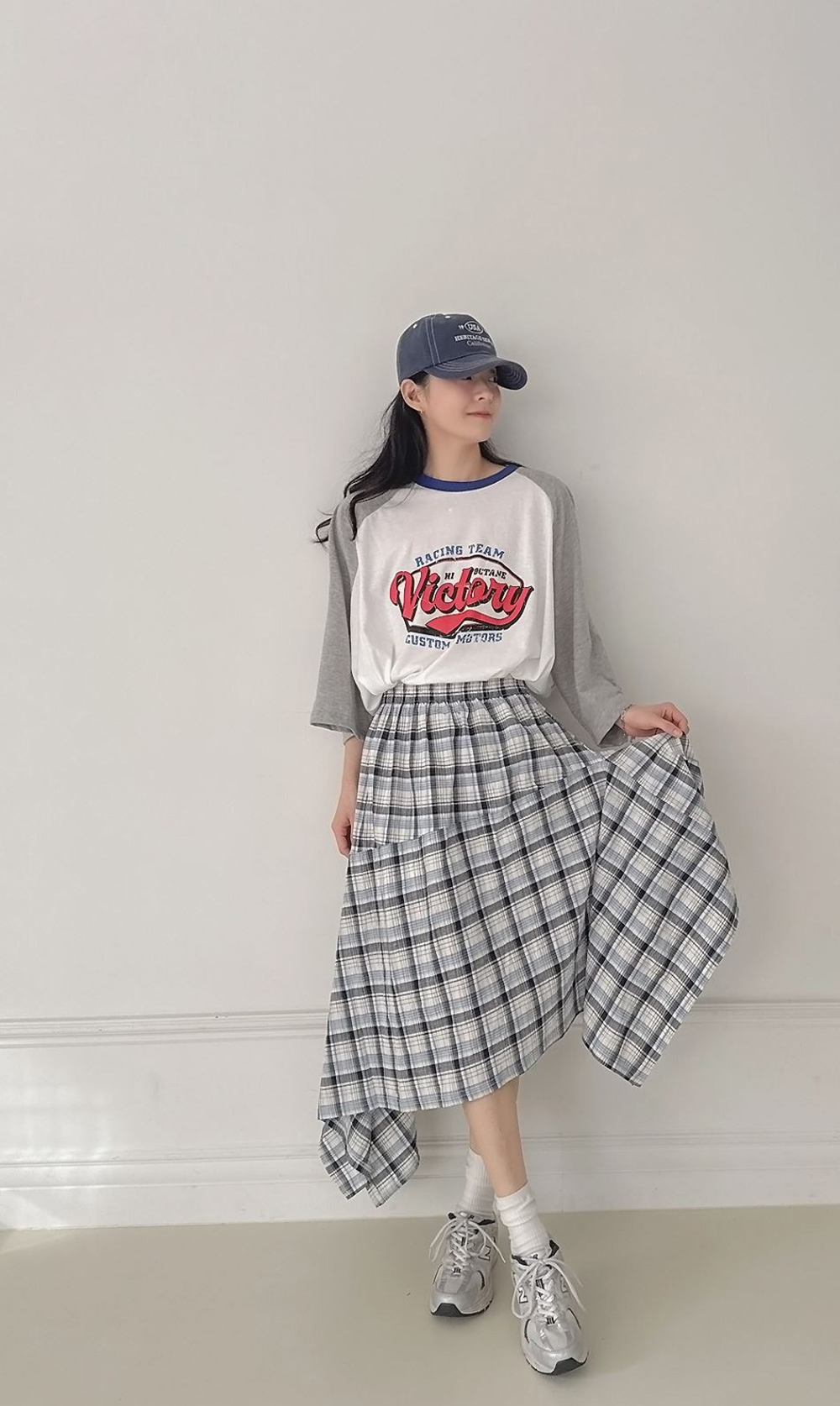 鬆緊腰不規則格紋長裙,KOREA,359843,鬆緊腰不規則格紋長裙,領500,999免運