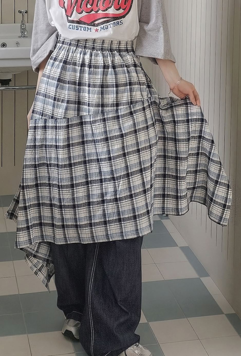 鬆緊腰不規則格紋長裙,KOREA,359843,鬆緊腰不規則格紋長裙,領500,999免運