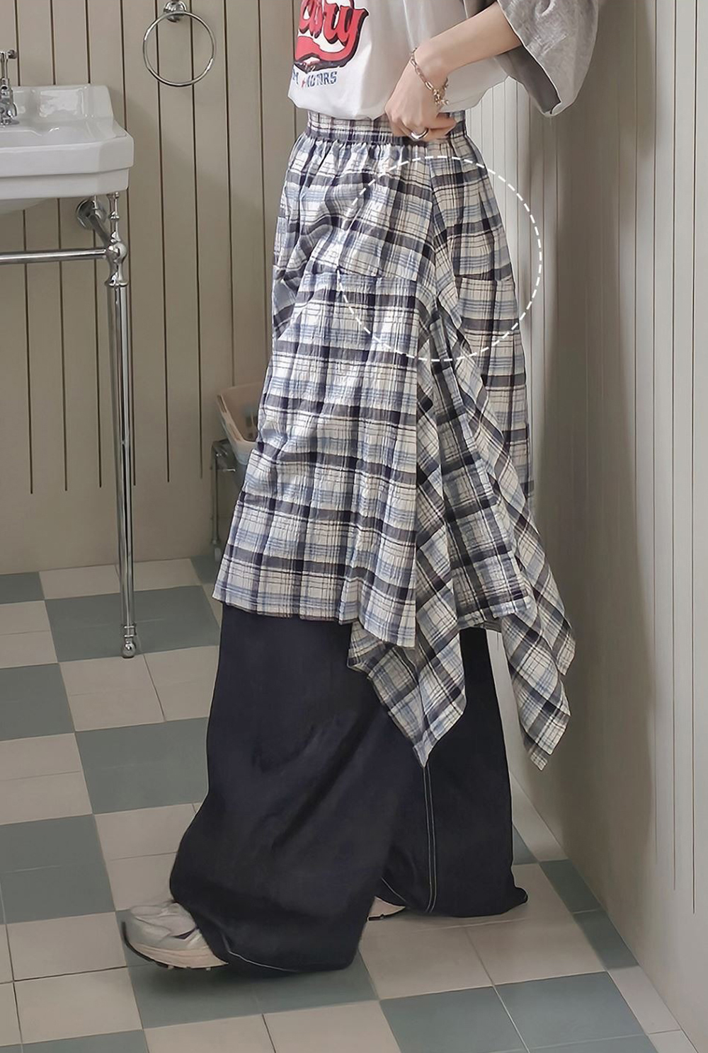 鬆緊腰不規則格紋長裙,KOREA,359843,鬆緊腰不規則格紋長裙,領500,999免運