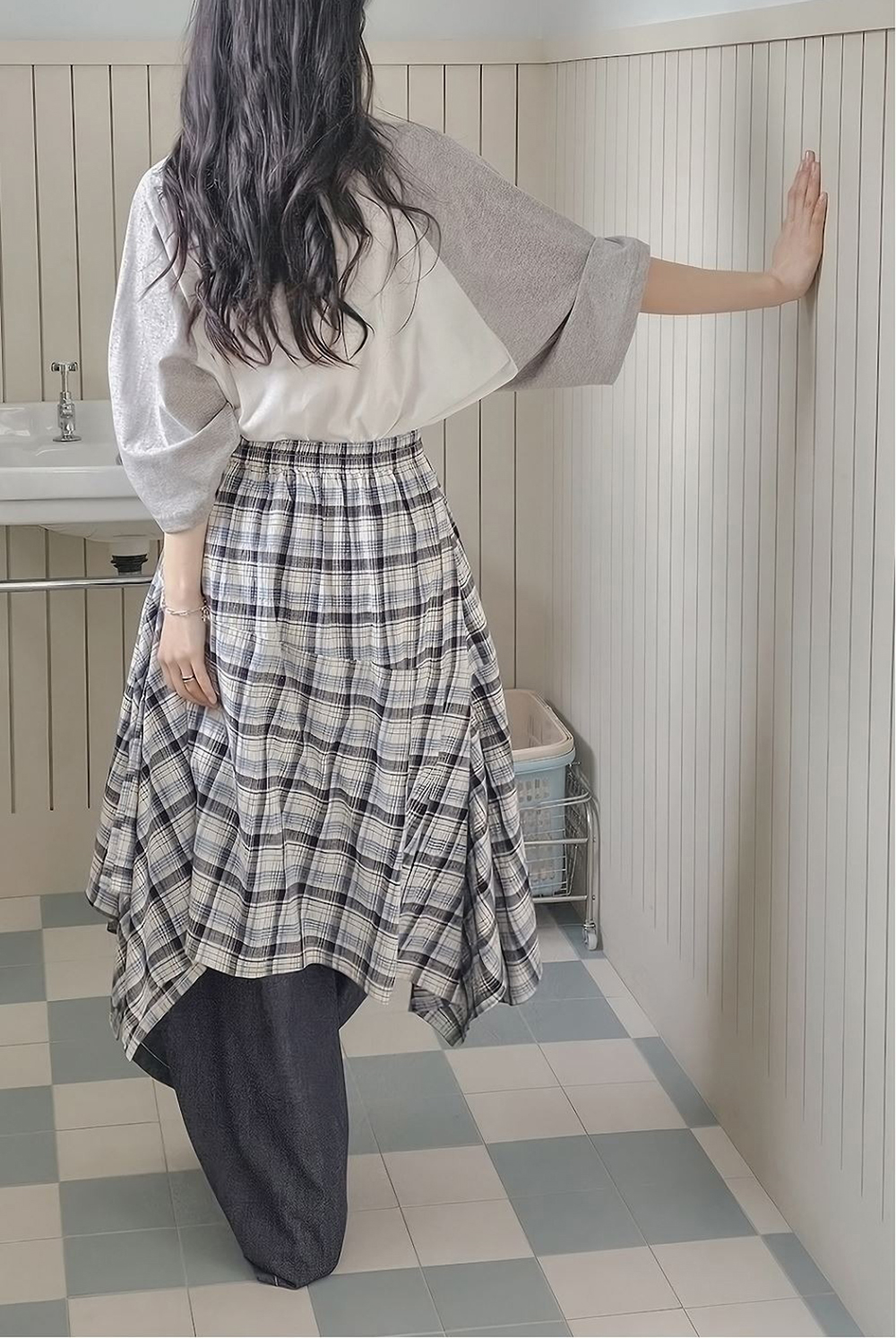 鬆緊腰不規則格紋長裙,KOREA,359843,鬆緊腰不規則格紋長裙,領500,999免運