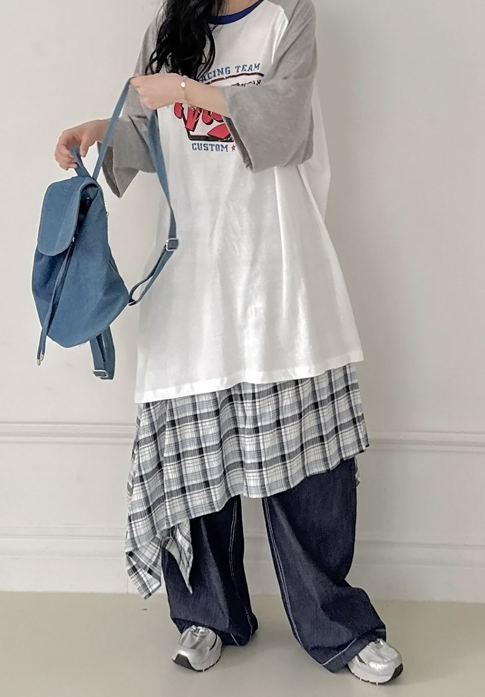 鬆緊腰不規則格紋長裙,KOREA,359843,鬆緊腰不規則格紋長裙,領500,999免運