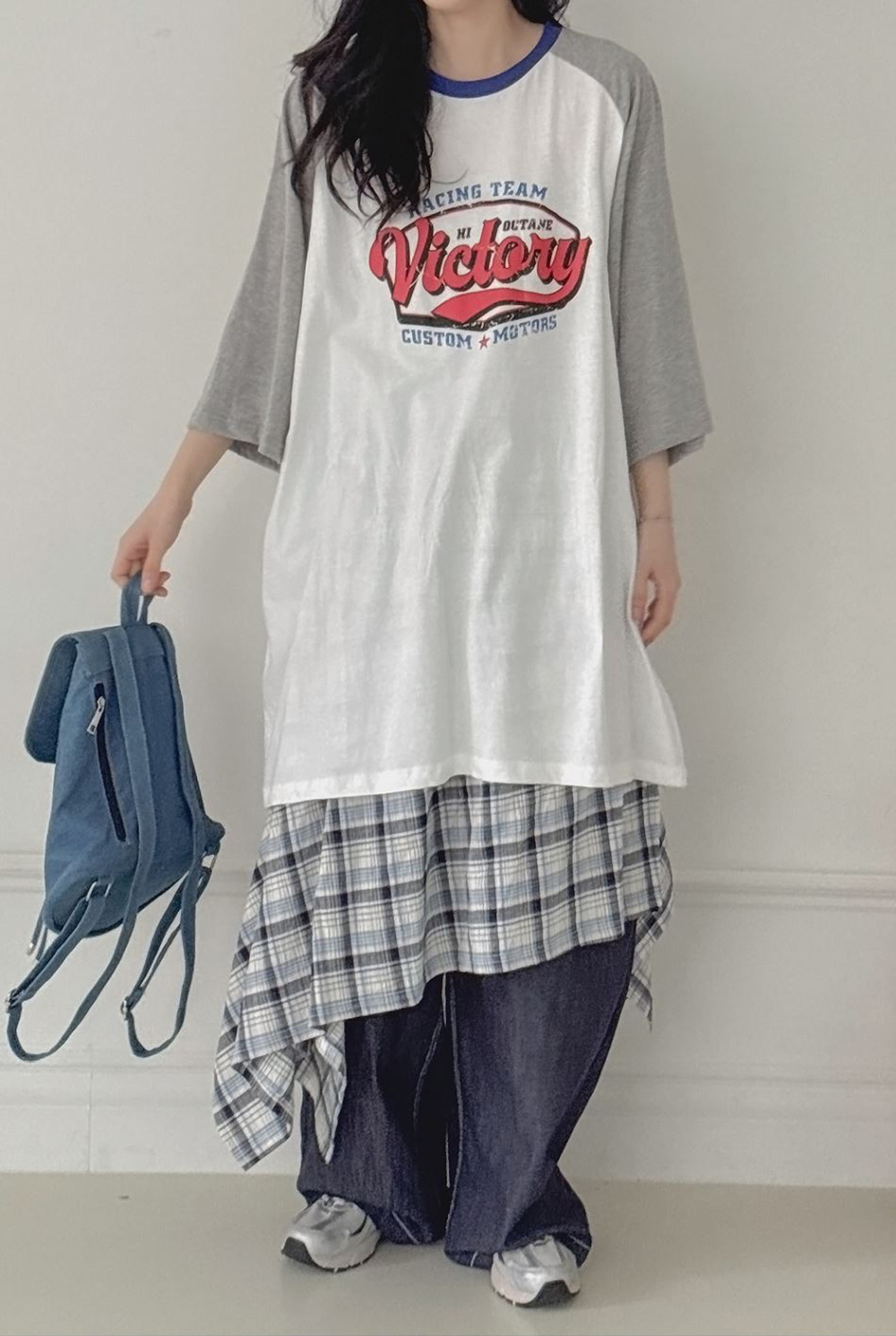 鬆緊腰不規則格紋長裙,KOREA,359843,鬆緊腰不規則格紋長裙,領500,999免運