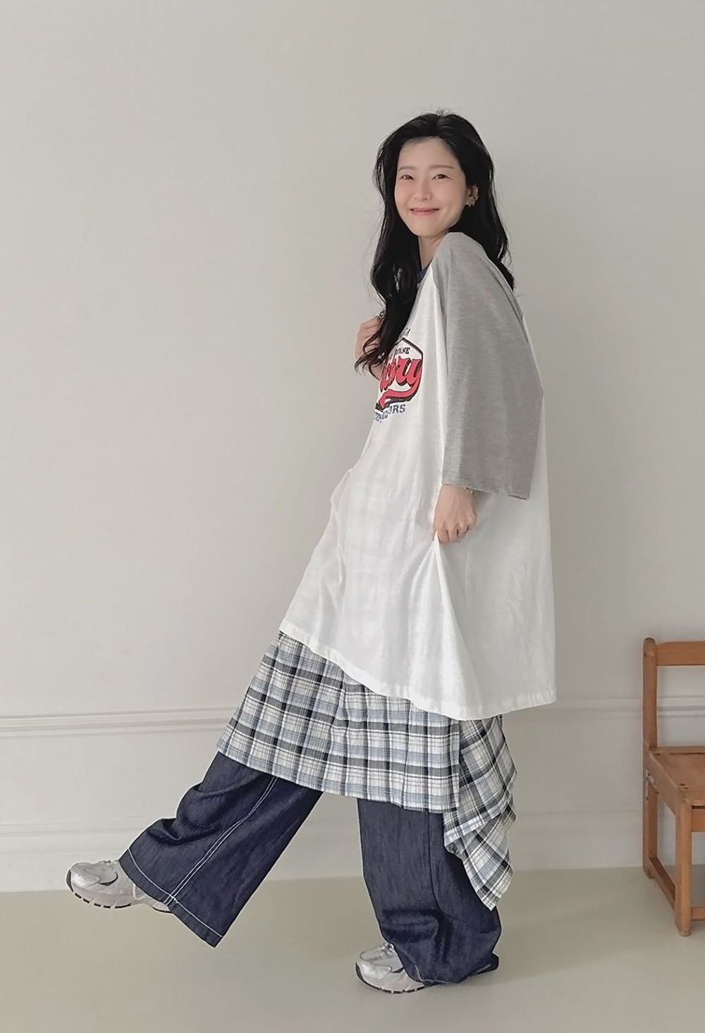 鬆緊腰不規則格紋長裙,KOREA,359843,鬆緊腰不規則格紋長裙,領500,999免運