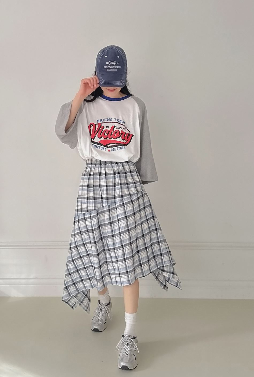 鬆緊腰不規則格紋長裙,KOREA,359843,鬆緊腰不規則格紋長裙,領500,999免運