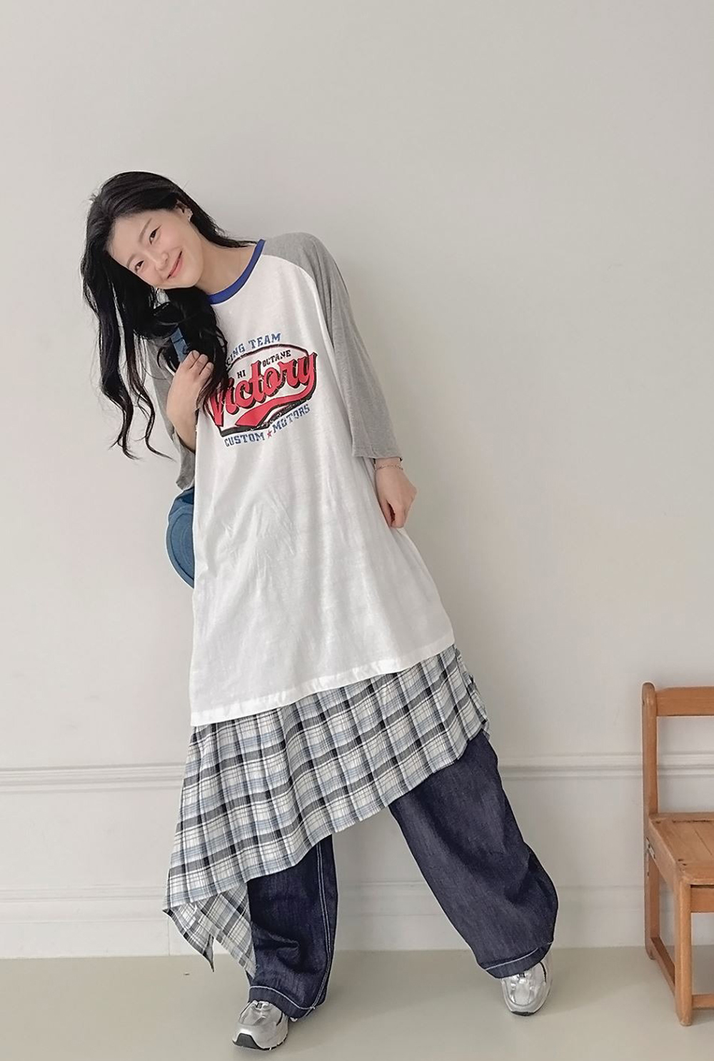 鬆緊腰不規則格紋長裙,KOREA,359843,鬆緊腰不規則格紋長裙,領500,999免運