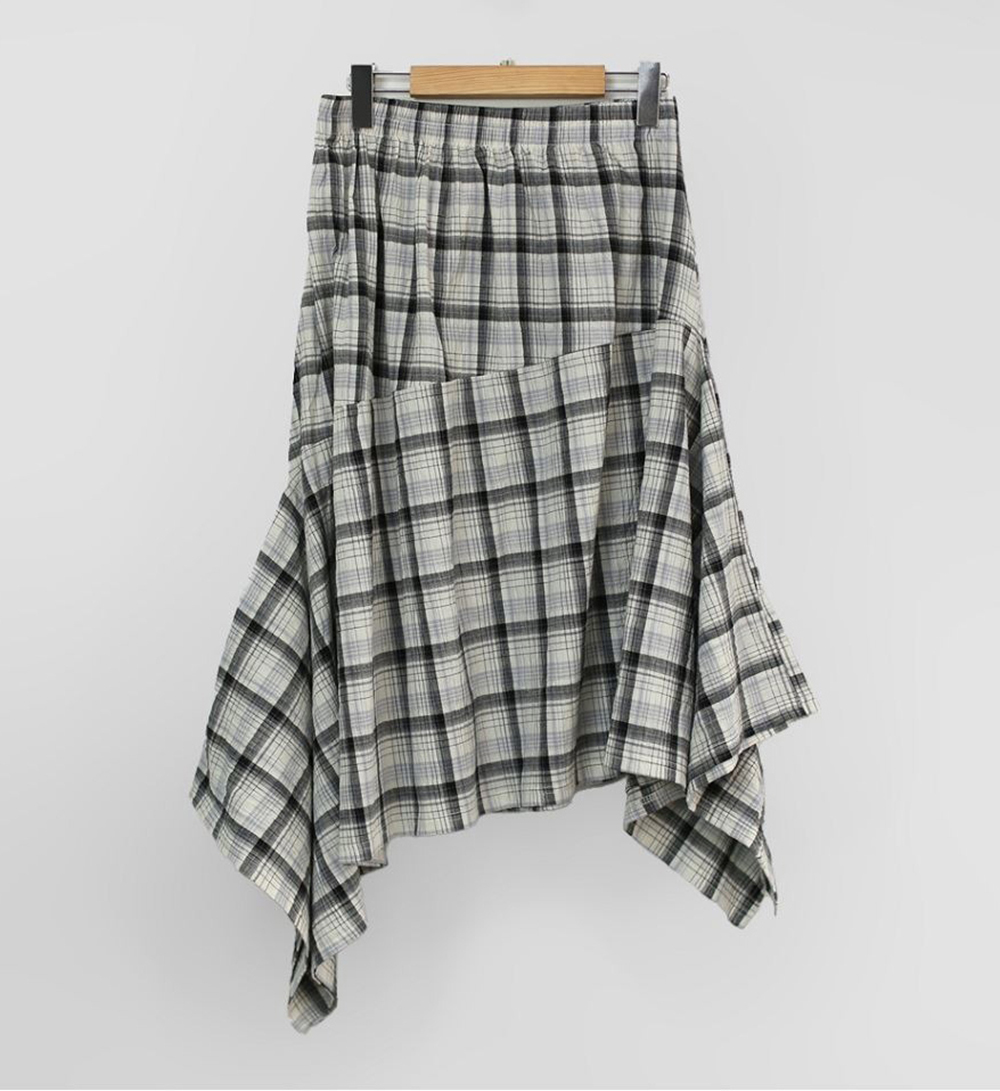 鬆緊腰不規則格紋長裙,KOREA,359843,鬆緊腰不規則格紋長裙,領500,999免運