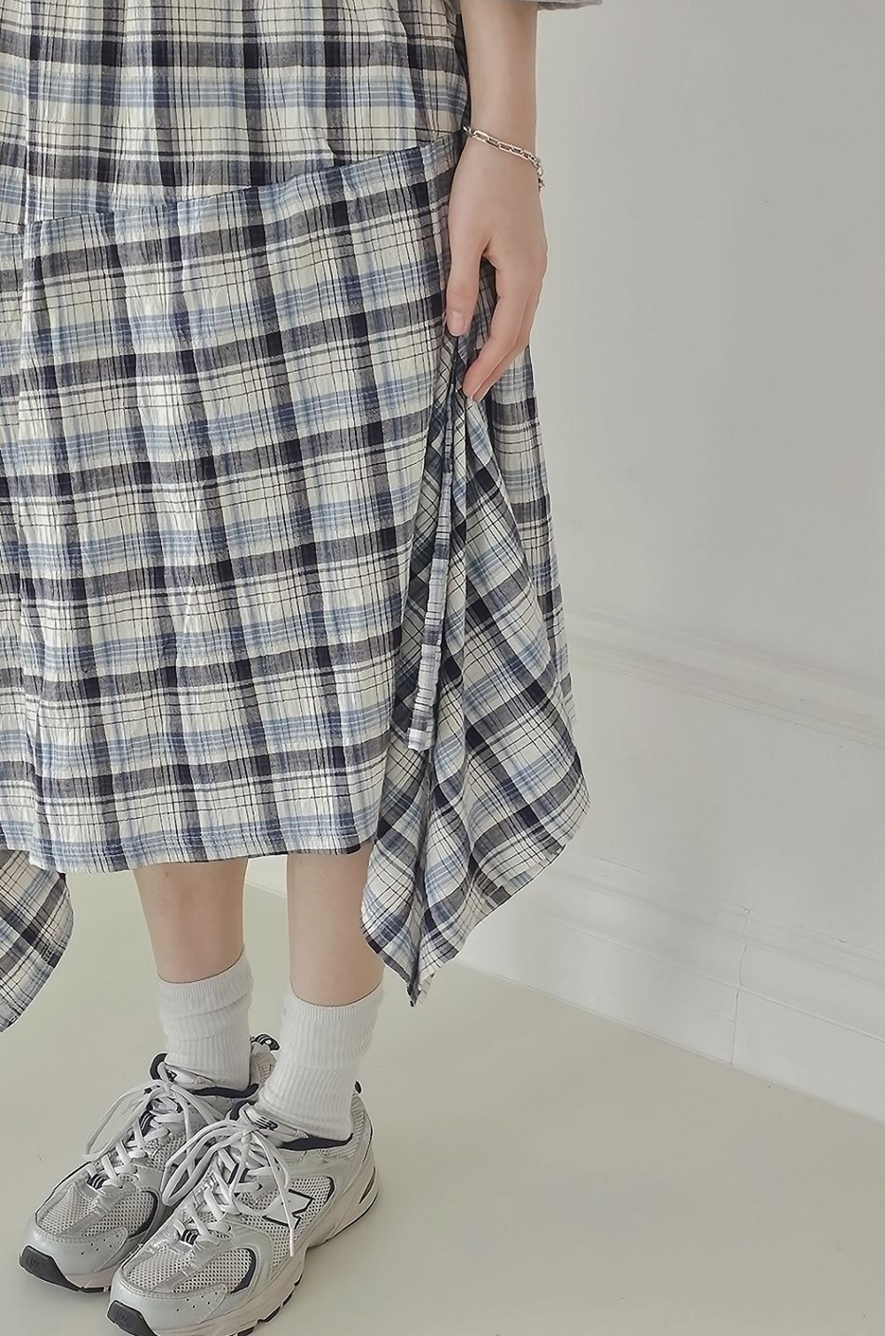 鬆緊腰不規則格紋長裙,KOREA,359843,鬆緊腰不規則格紋長裙,領500,999免運