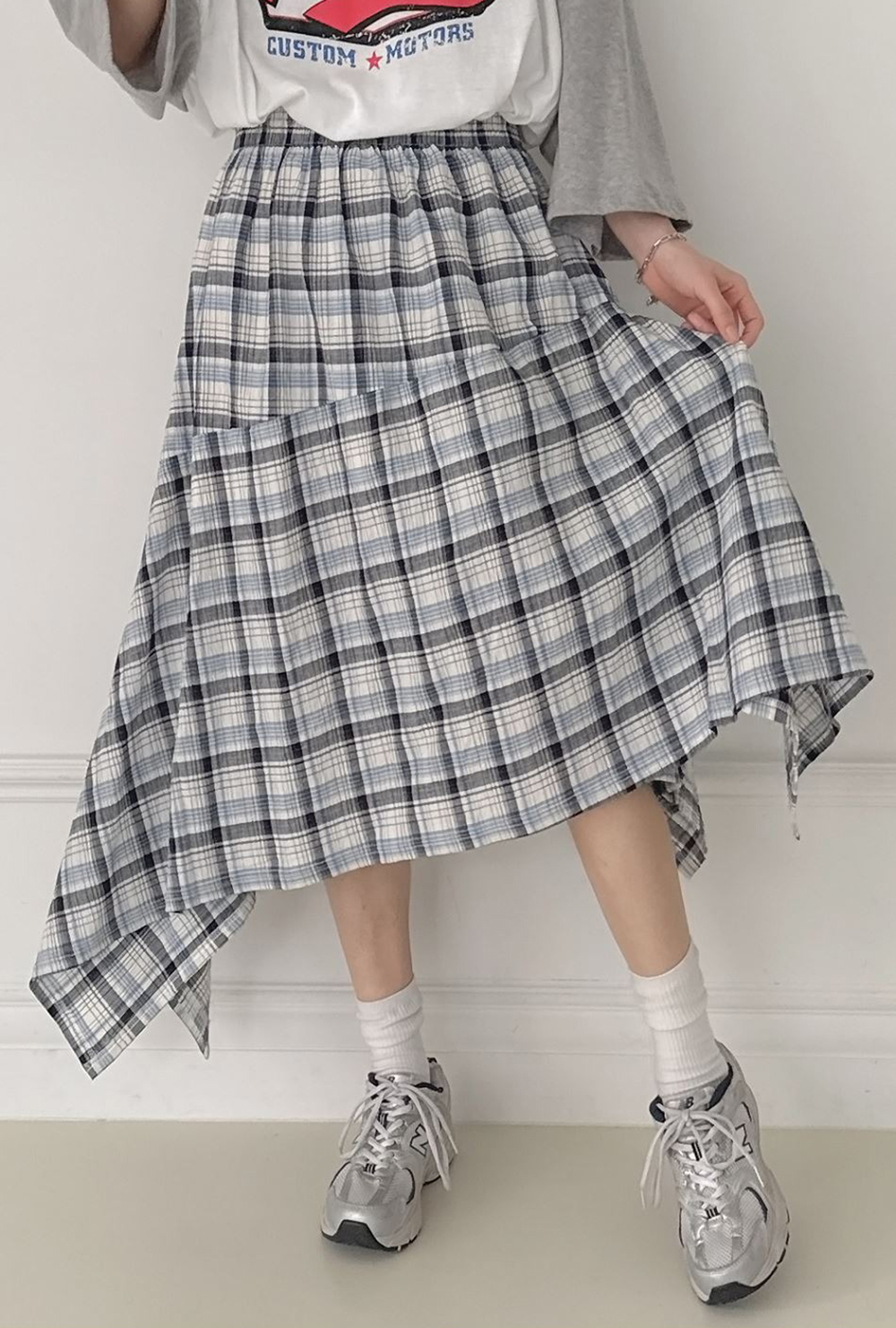 鬆緊腰不規則格紋長裙,KOREA,359843,鬆緊腰不規則格紋長裙,領500,999免運