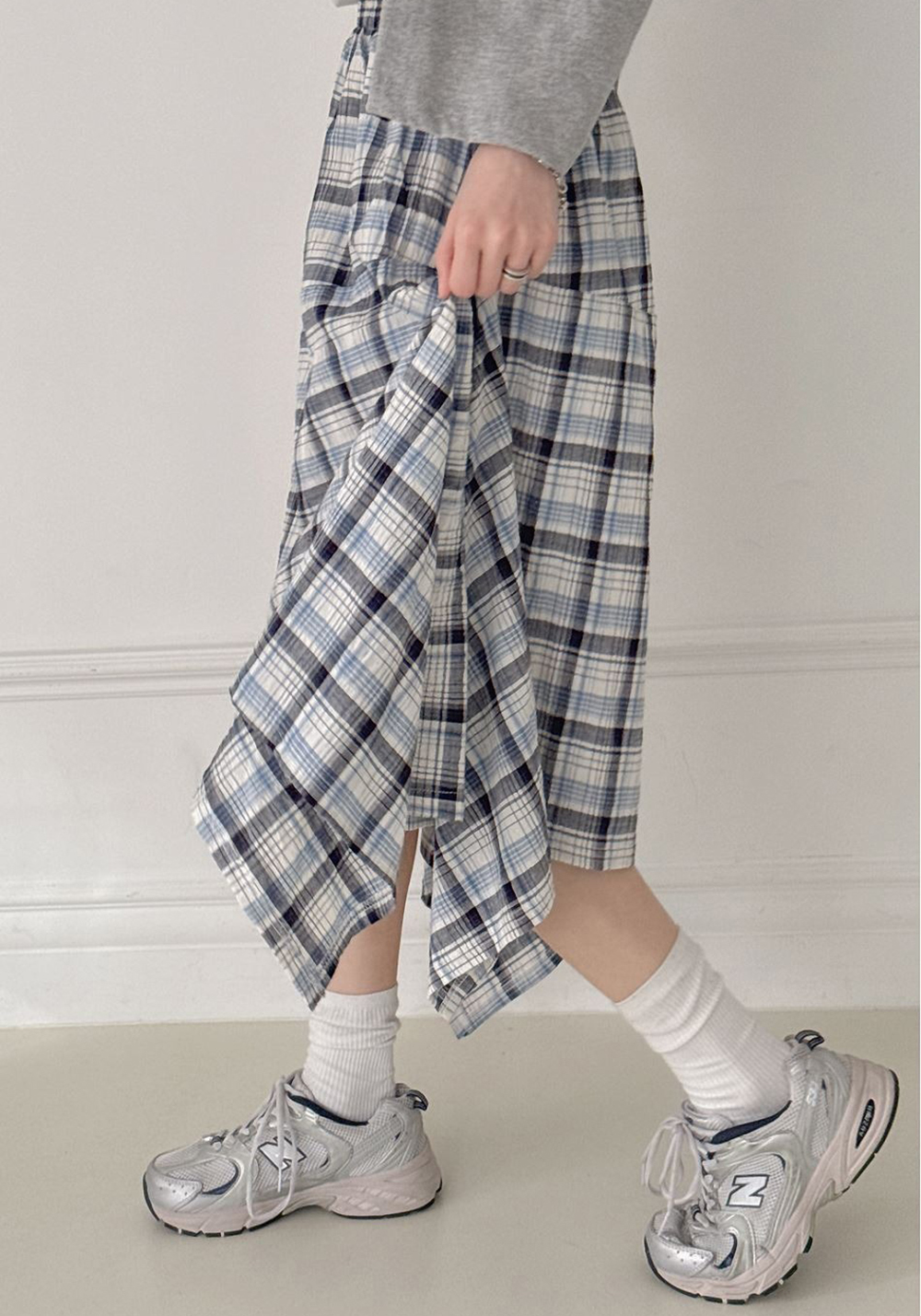 鬆緊腰不規則格紋長裙,KOREA,359843,鬆緊腰不規則格紋長裙,領500,999免運