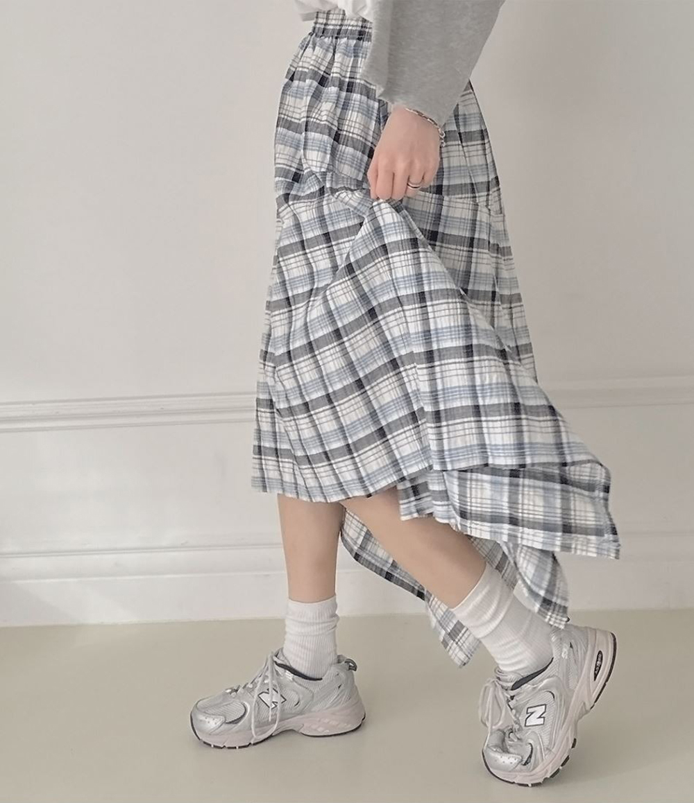 鬆緊腰不規則格紋長裙,KOREA,359843,鬆緊腰不規則格紋長裙,領500,999免運