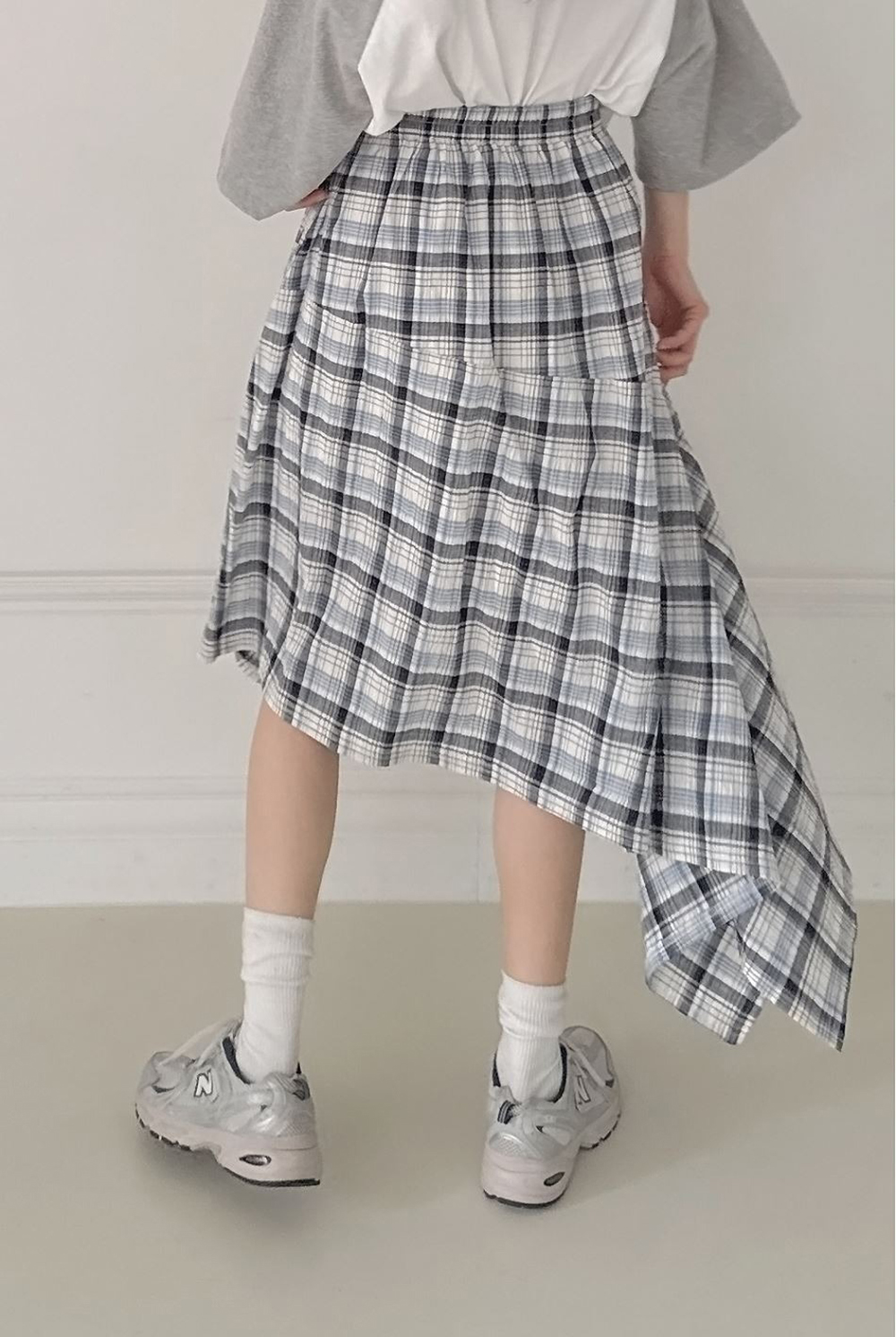 鬆緊腰不規則格紋長裙,KOREA,359843,鬆緊腰不規則格紋長裙,領500,999免運