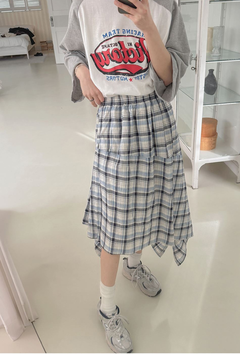 鬆緊腰不規則格紋長裙,KOREA,359843,鬆緊腰不規則格紋長裙,領500,999免運