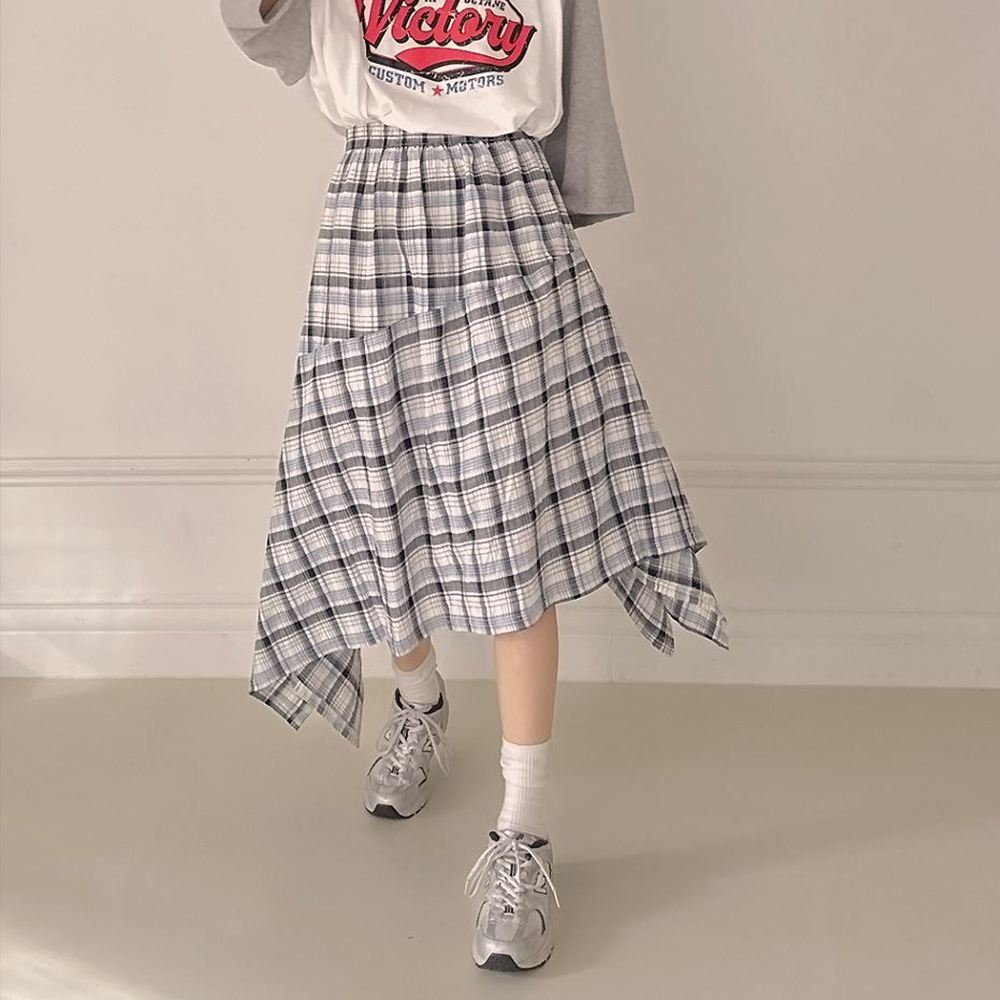 鬆緊腰不規則格紋長裙