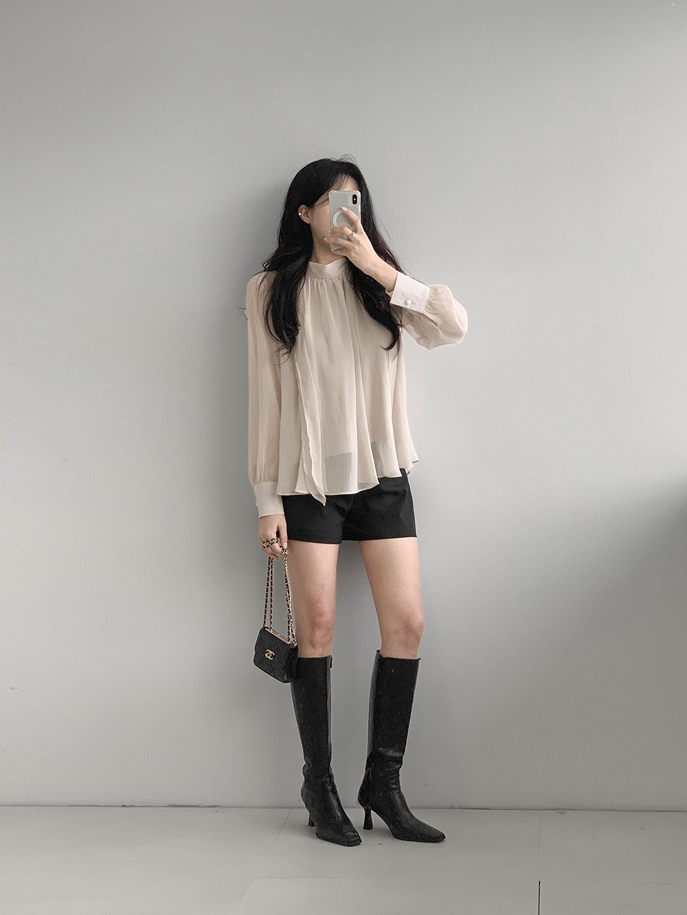 優雅立領綁帶雪紡襯衫,KOREA,359994,優雅立領綁帶雪紡襯衫,領500,999免運