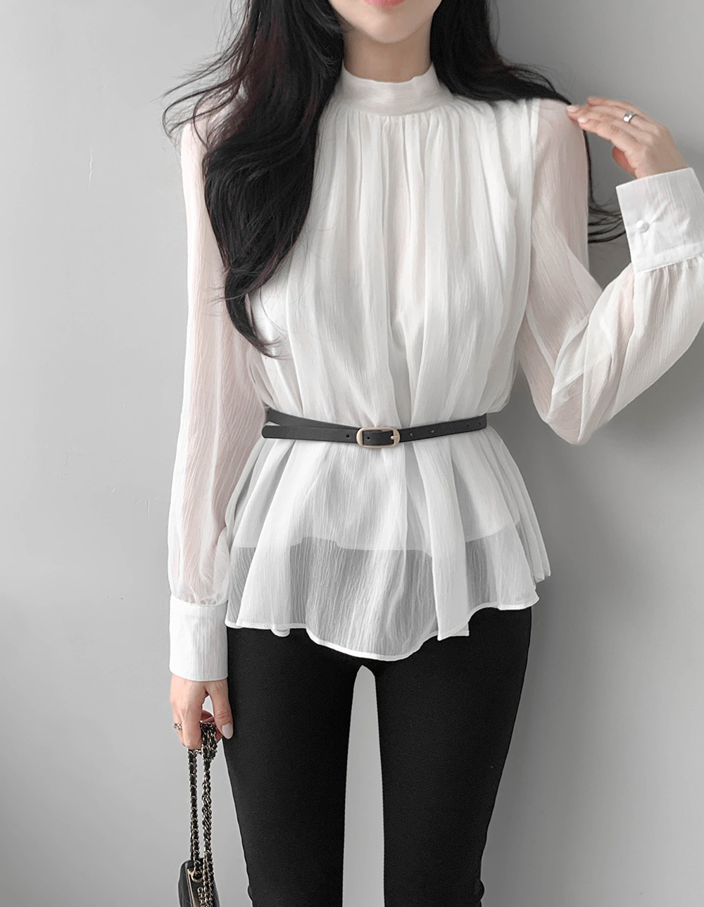 優雅立領綁帶雪紡襯衫,KOREA,359994,優雅立領綁帶雪紡襯衫,領500,999免運