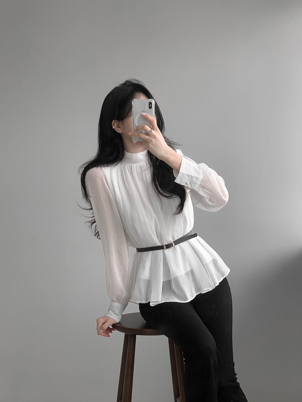 優雅立領綁帶雪紡襯衫,KOREA,359994,優雅立領綁帶雪紡襯衫,領500,999免運