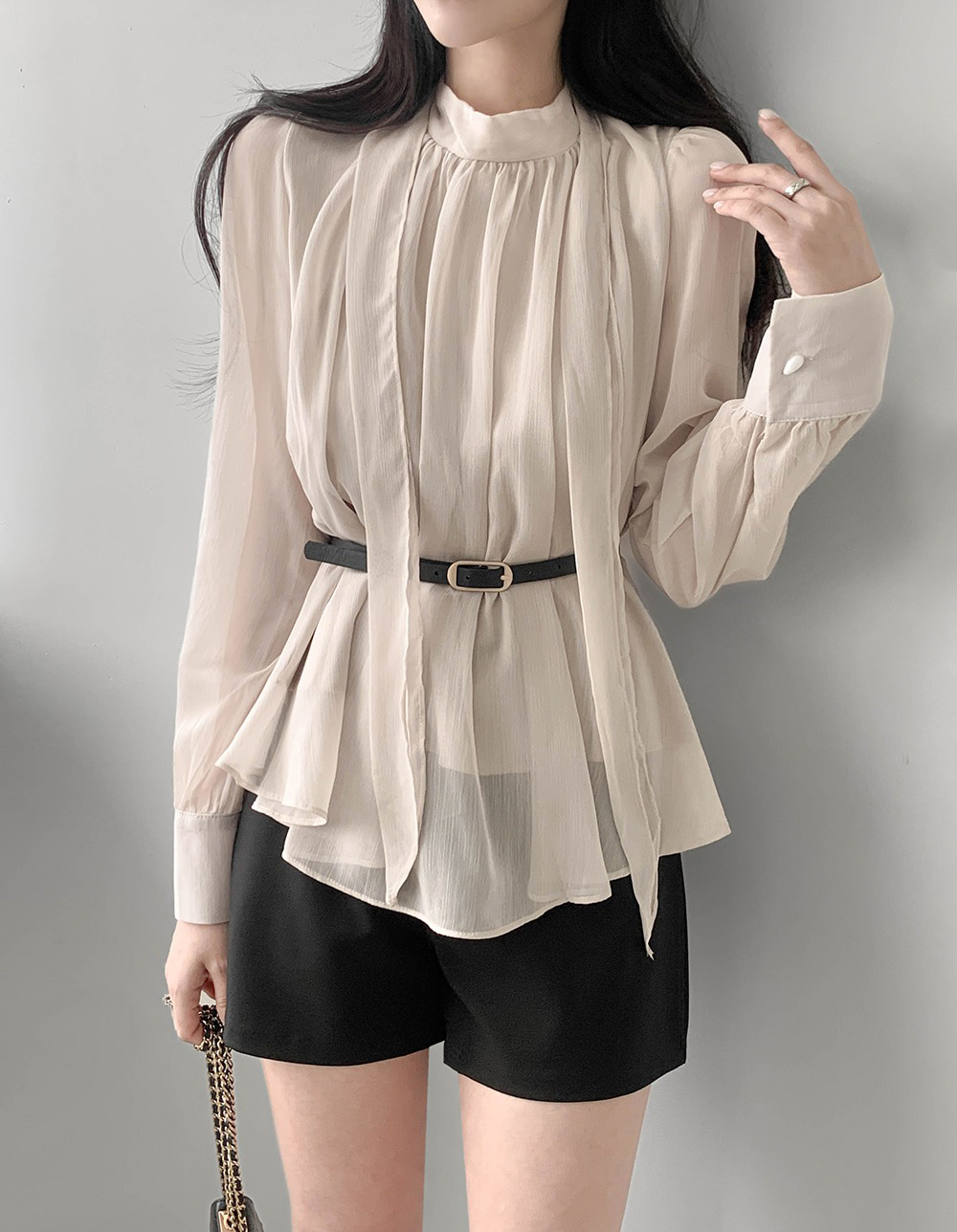 優雅立領綁帶雪紡襯衫,KOREA,359994,優雅立領綁帶雪紡襯衫,領500,999免運