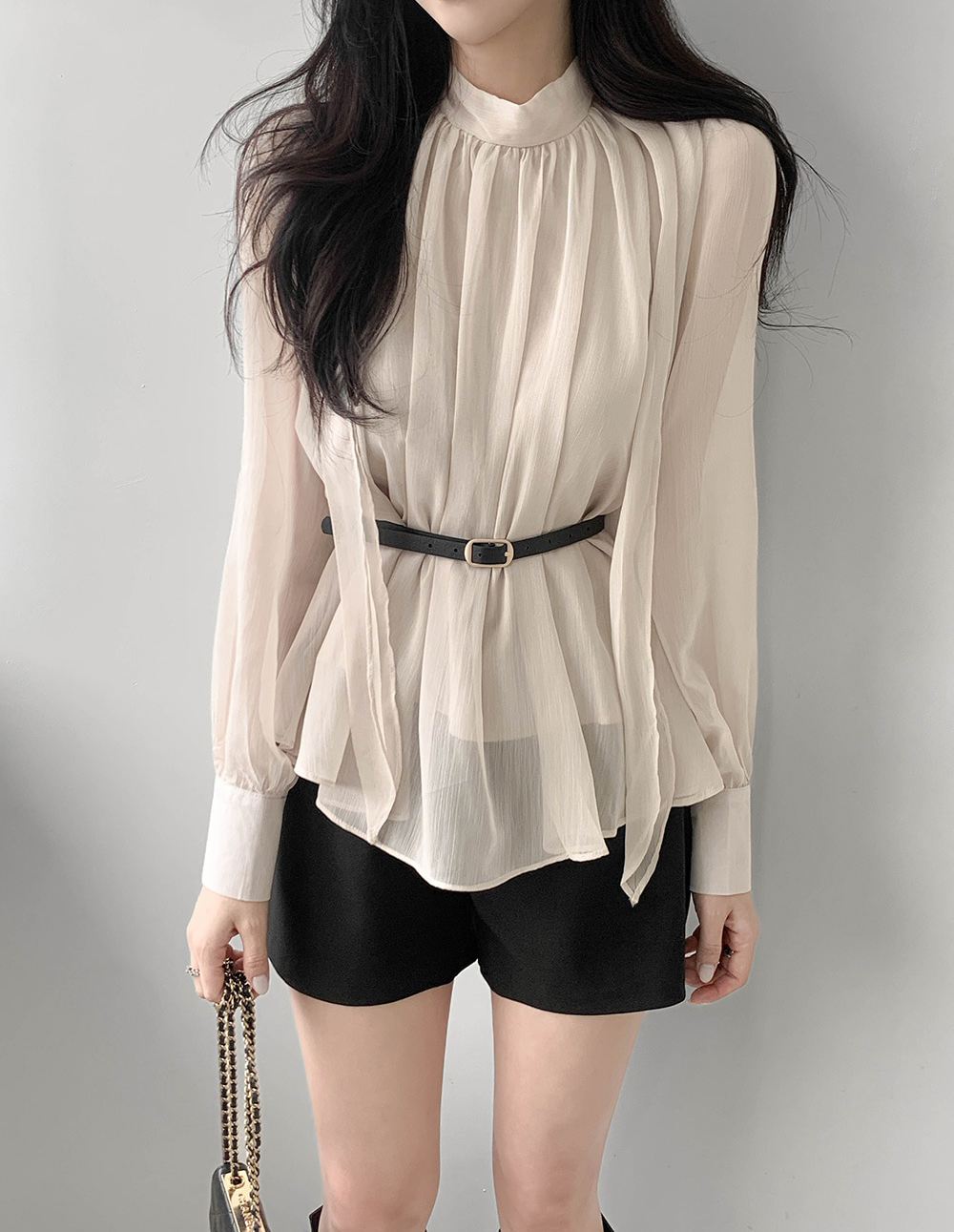 優雅立領綁帶雪紡襯衫,KOREA,359994,優雅立領綁帶雪紡襯衫,領500,999免運