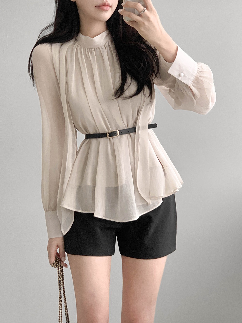 優雅立領綁帶雪紡襯衫,KOREA,359994,優雅立領綁帶雪紡襯衫,領500,999免運