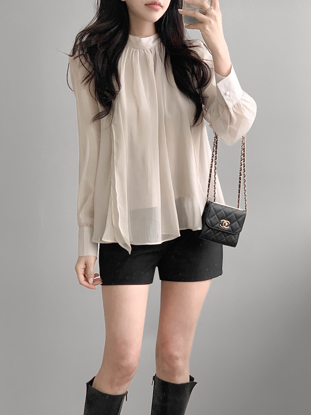 優雅立領綁帶雪紡襯衫,KOREA,359994,優雅立領綁帶雪紡襯衫,領500,999免運