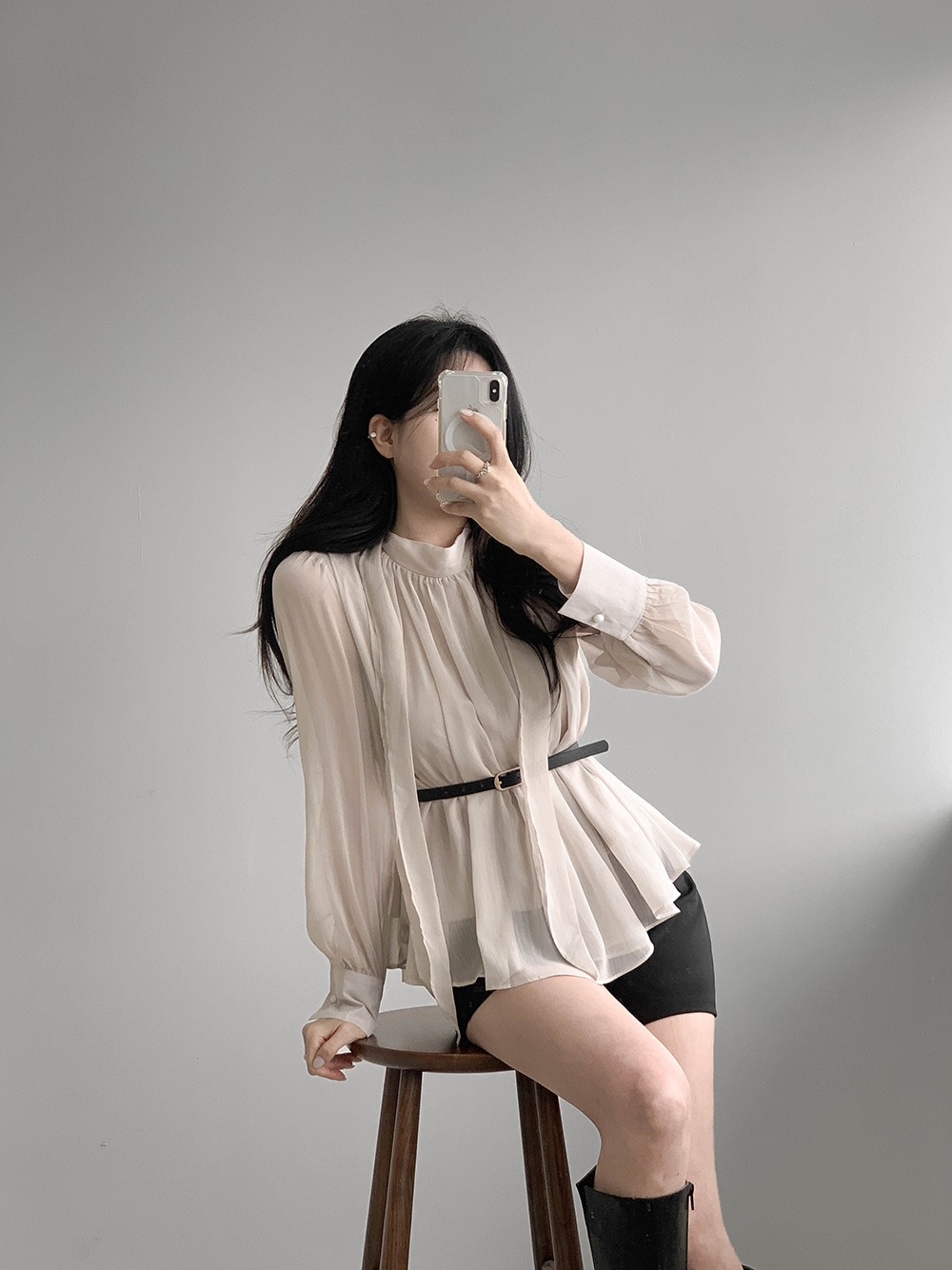 優雅立領綁帶雪紡襯衫,KOREA,359994,優雅立領綁帶雪紡襯衫,領500,999免運